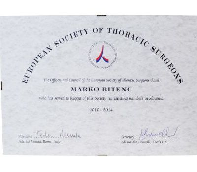 Slovenian representative in the European Society of Thoracic Surgeons (2010–2014)